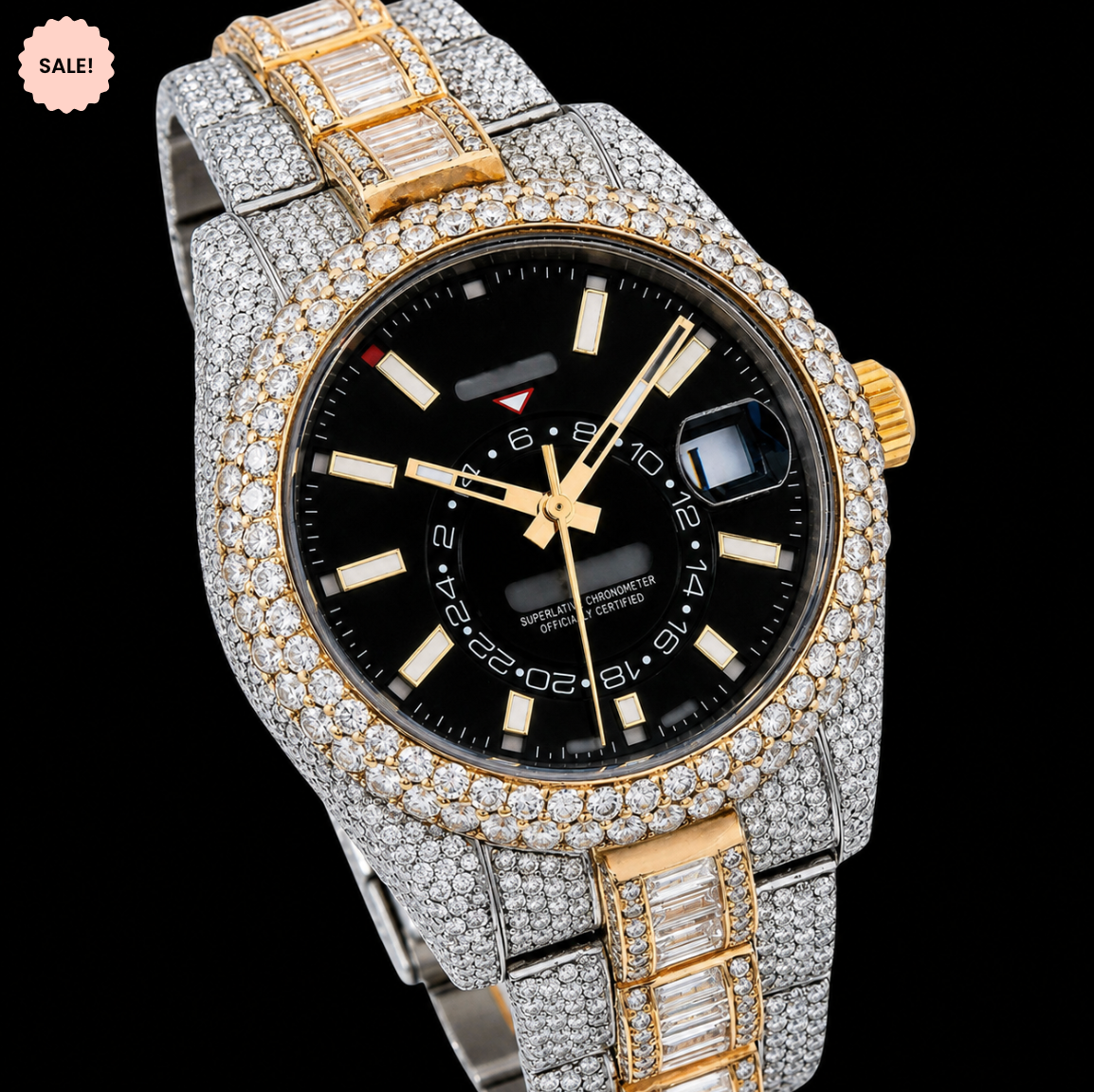 Black Dial Two-Tone Baguette Moissanite Watch - Silver-Gold/Black-Dial