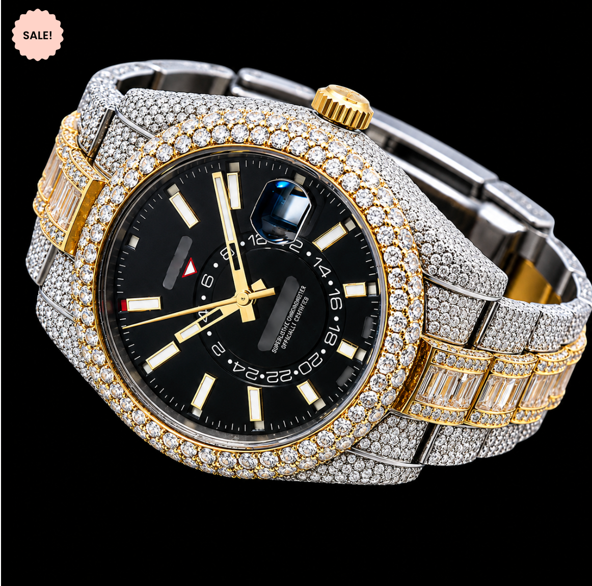 Black Dial Two-Tone Baguette Moissanite Watch - Silver-Gold/Black-Dial