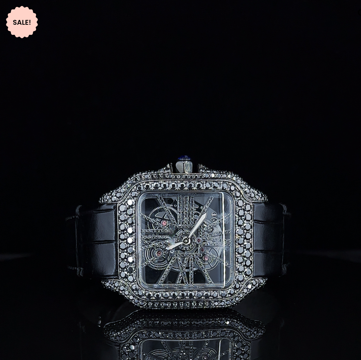 Black Moissanite Diamond Square Skeleton Dial Watch - Black