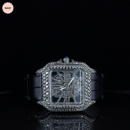 Black Moissanite Diamond Square Skeleton Dial Watch - Black