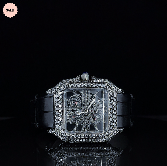 Black Moissanite Diamond Square Skeleton Dial Watch - Black
