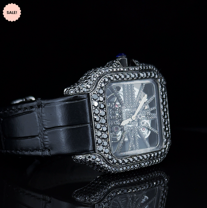 Black Moissanite Diamond Square Skeleton Dial Watch - Black