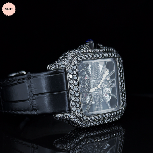 Black Moissanite Diamond Square Skeleton Dial Watch - Black