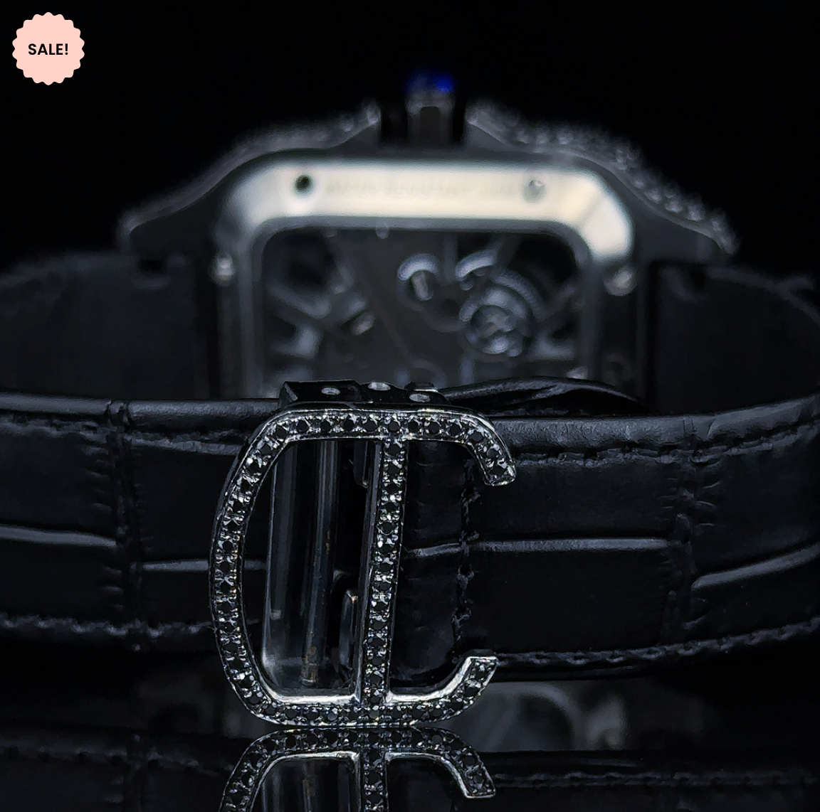 Black Moissanite Diamond Square Skeleton Dial Watch - Black
