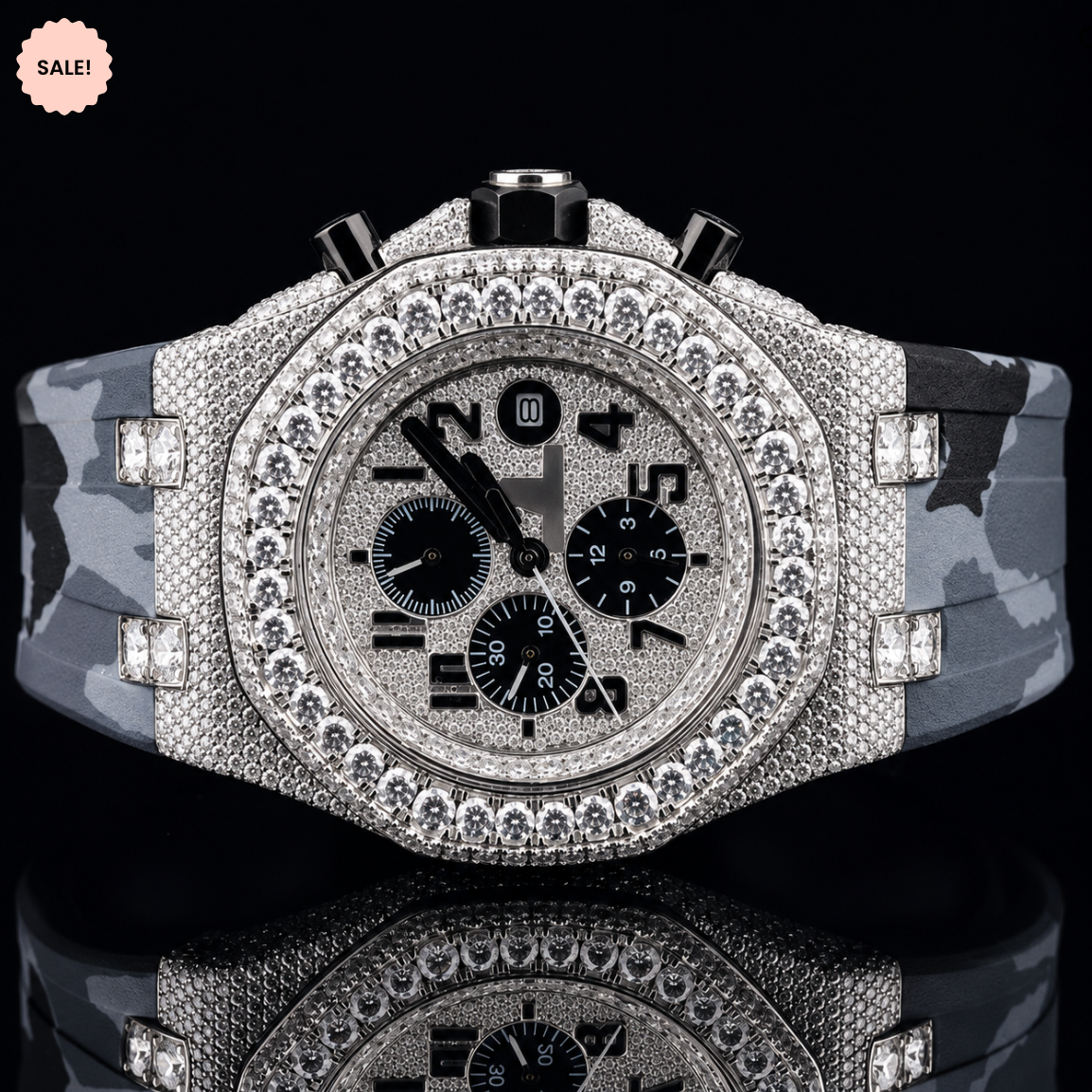 Chrono Dial Automatic Moissanite Watch For Men With Rubber Belt - Silver