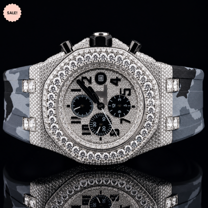 Chrono Dial Automatic Moissanite Watch For Men With Rubber Belt - Silver