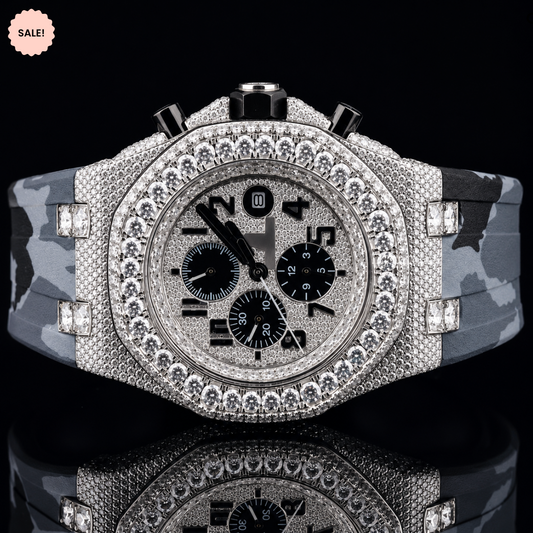 Chrono Dial Automatic Moissanite Watch For Men With Rubber Belt - Silver