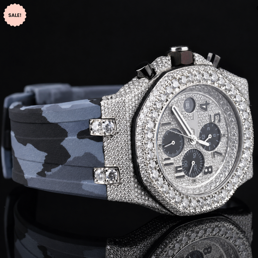 Chrono Dial Automatic Moissanite Watch For Men With Rubber Belt - Silver