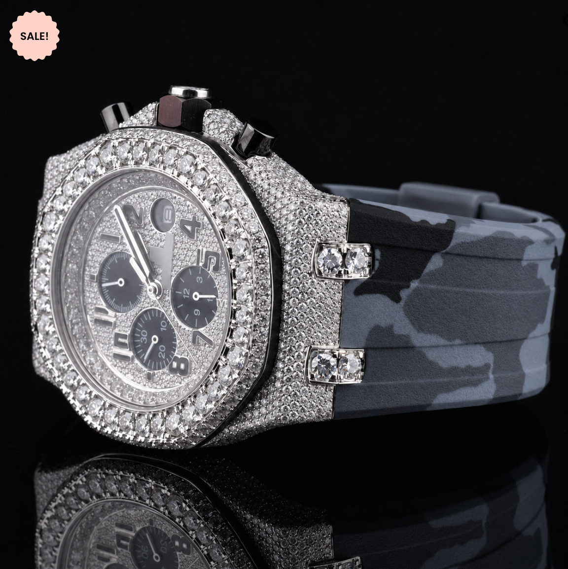 Chrono Dial Automatic Moissanite Watch For Men With Rubber Belt - Silver