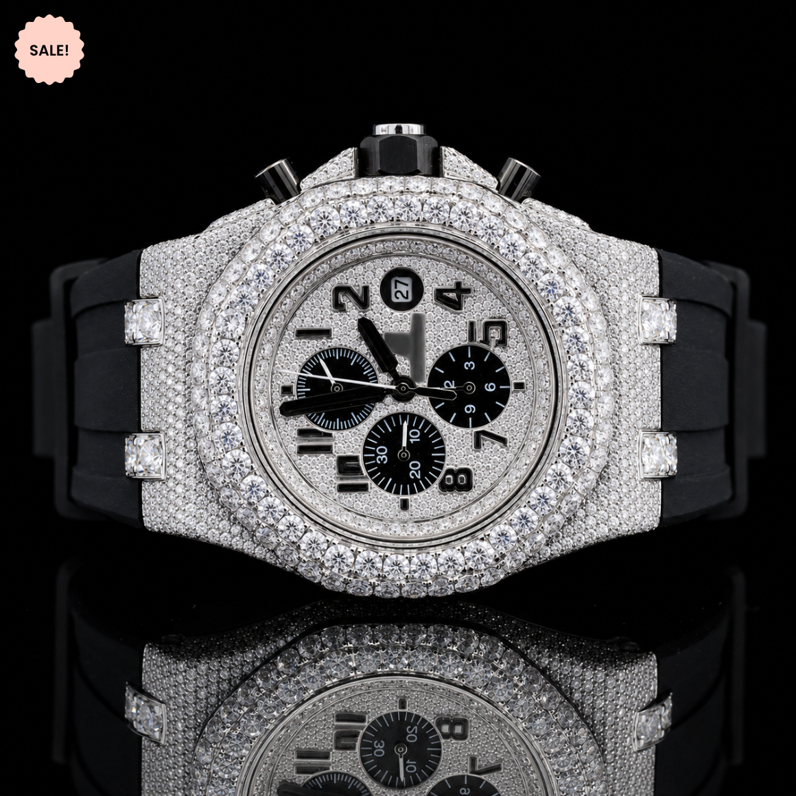 Chrono Dial Automatic Moissanite Watch With Black Rubber Strap