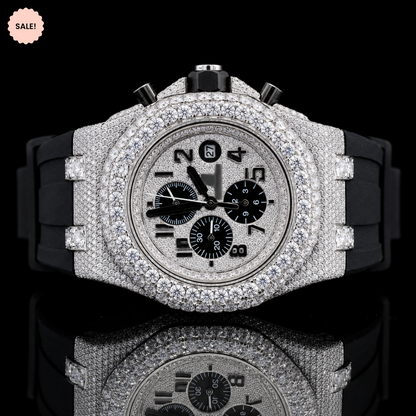 Chrono Dial Automatic Moissanite Watch With Black Rubber Strap