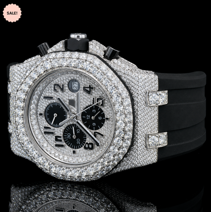 Chrono Dial Automatic Moissanite Watch With Black Rubber Strap