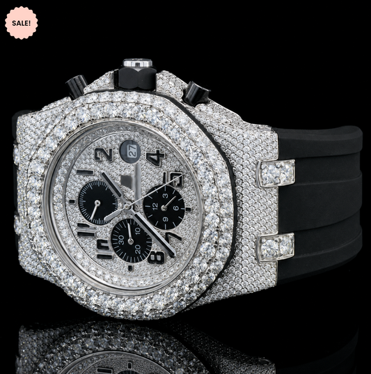Chrono Dial Automatic Moissanite Watch With Black Rubber Strap