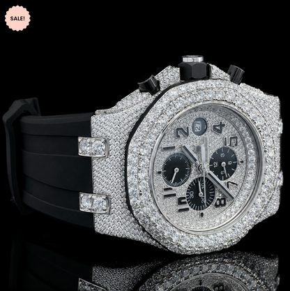 Chrono Dial Automatic Moissanite Watch With Black Rubber Strap