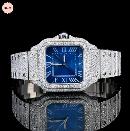Classic Blue Dial Iced-out Automatic Moissanite Watch