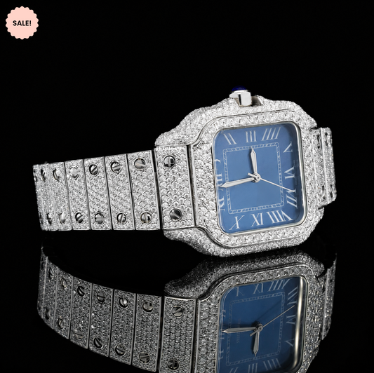 Classic Blue Dial Iced-out Automatic Moissanite Watch