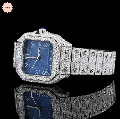 Classic Blue Dial Iced-out Automatic Moissanite Watch