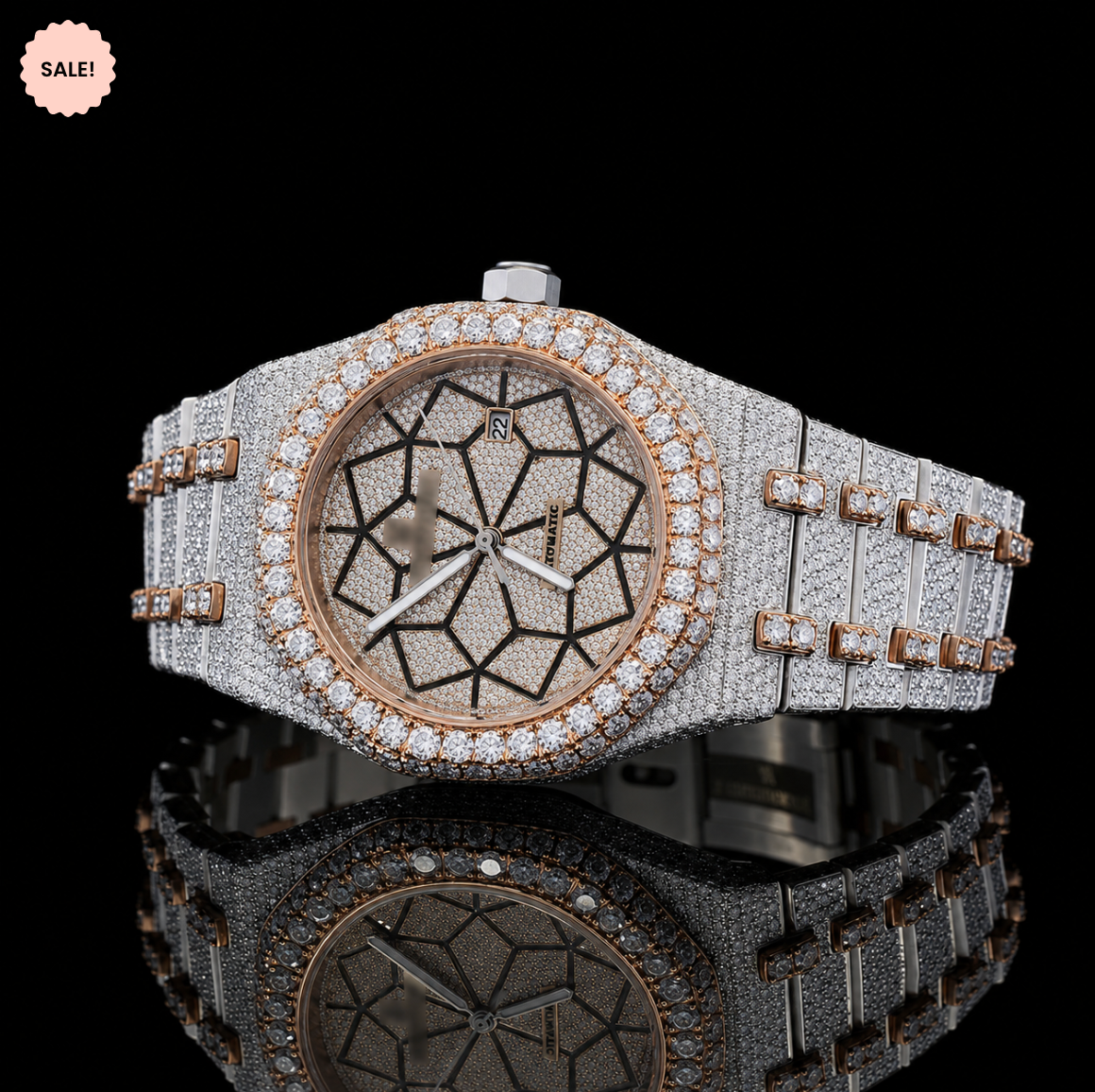 Customized Dial two tone Bust Down Automatic Moissanite Watch - Silver/Gold/Rose-Gold