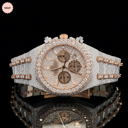 Fancy Chrono Dial Two-Tone Iced Out Moissanite Watch for Men - Silver/Gold/Rose-Gold