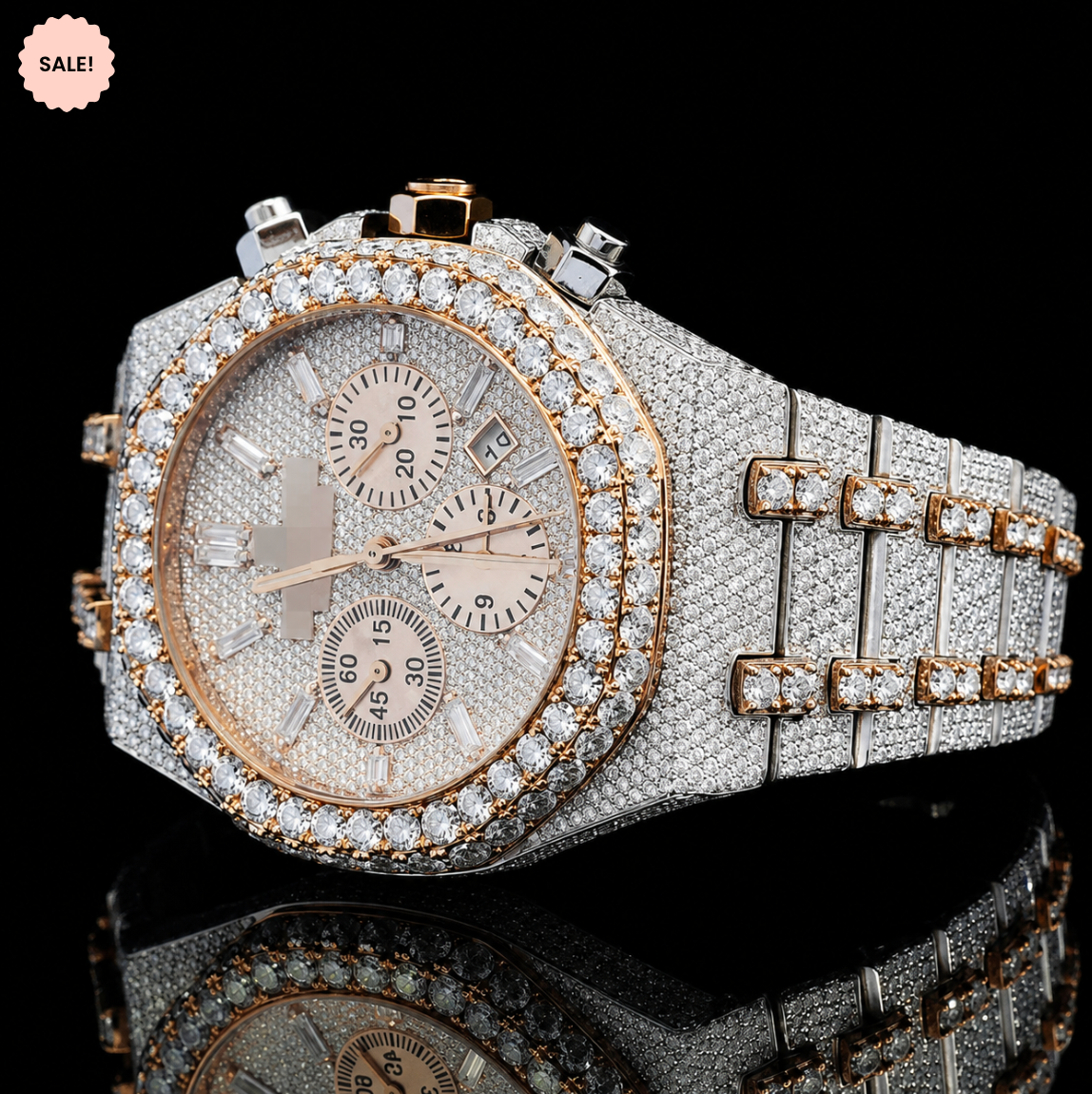 Fancy Chrono Dial Two-Tone Iced Out Moissanite Watch for Men - Silver/Gold/Rose-Gold