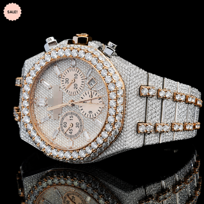Fancy Chrono Dial Two-Tone Iced Out Moissanite Watch for Men - Silver/Gold/Rose-Gold