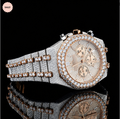 Fancy Chrono Dial Two-Tone Iced Out Moissanite Watch for Men - Silver/Gold/Rose-Gold