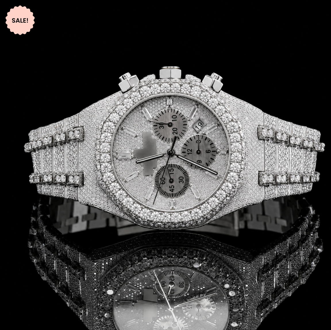 Fancy Chrono Dial Two-Tone Iced Out Moissanite Watch for Men - Silver/Gold/Rose-Gold