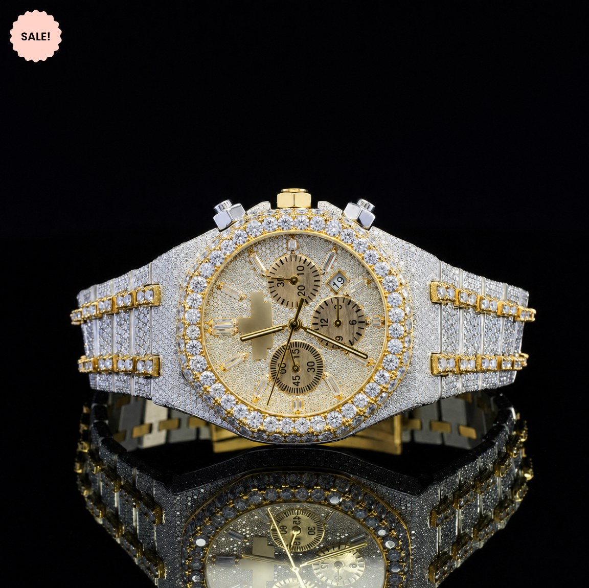 Fancy Chrono Dial Two-Tone Iced Out Moissanite Watch for Men - Silver/Gold/Rose-Gold