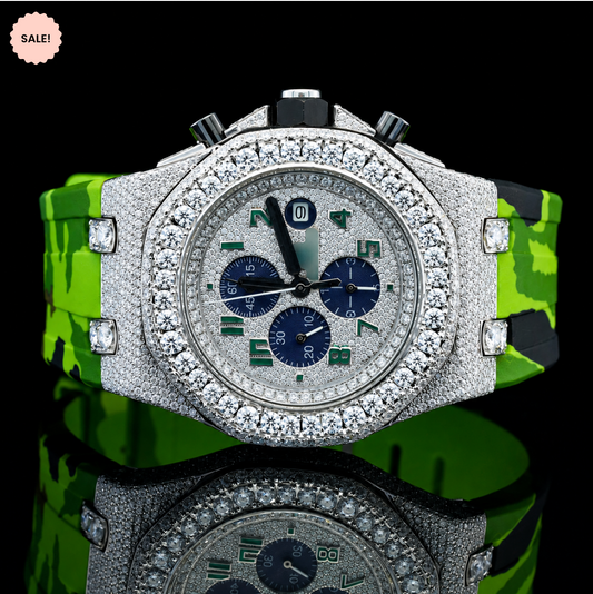 Chronograph Moissanite Iced Out Watch with Green Rubber Strap