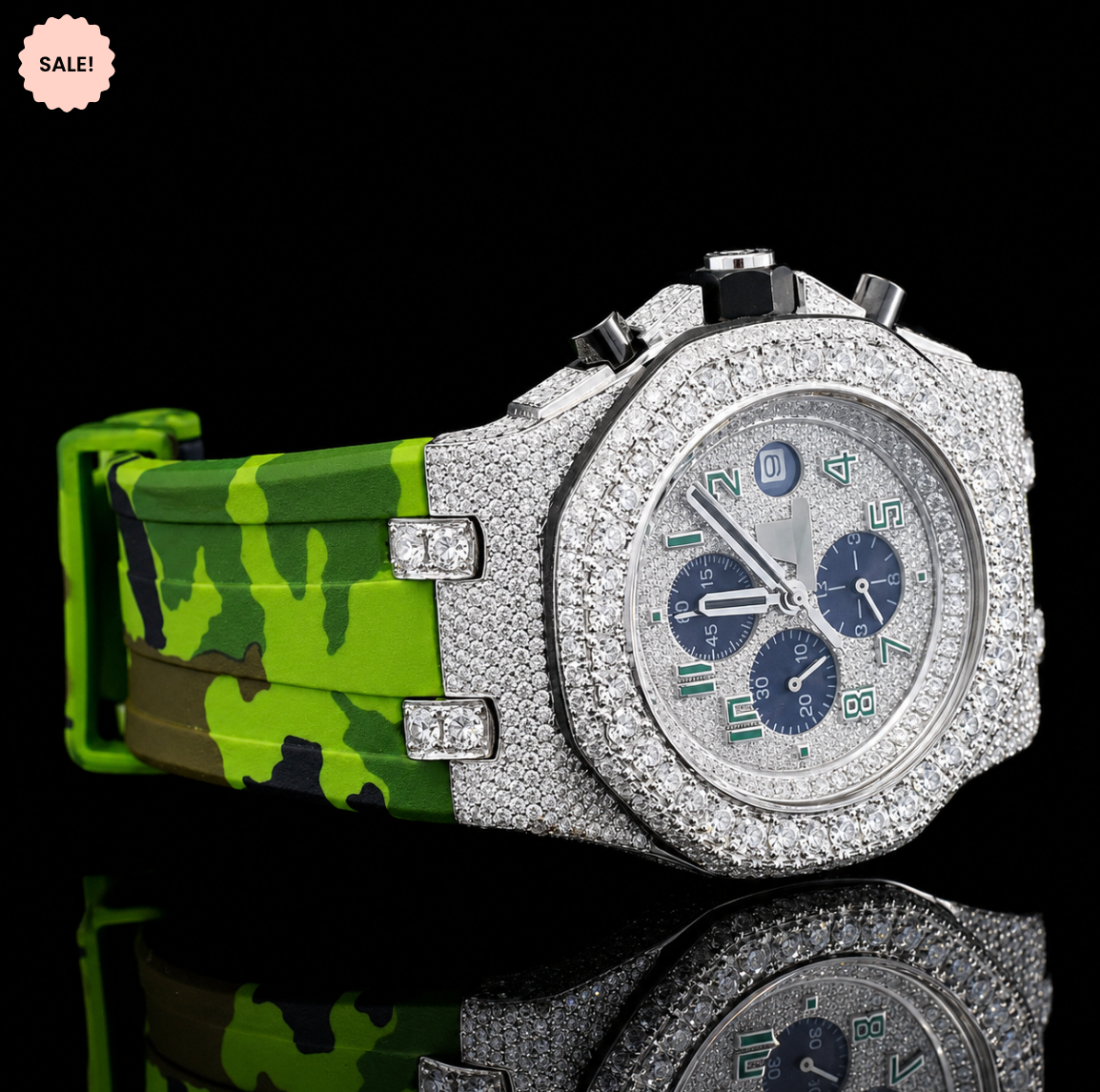 Chronograph Moissanite Iced Out Watch with Green Rubber Strap
