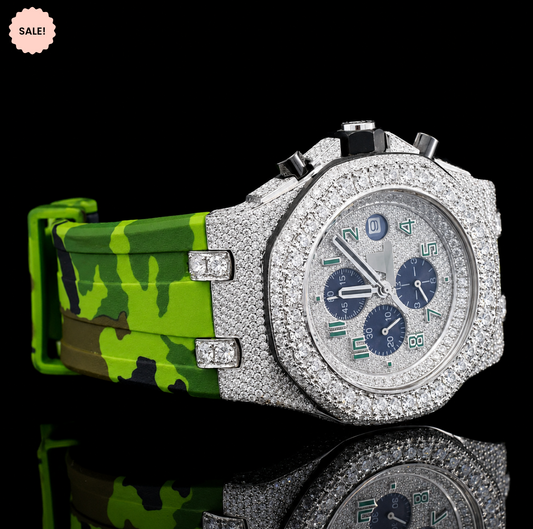 Chronograph Moissanite Iced Out Watch with Green Rubber Strap
