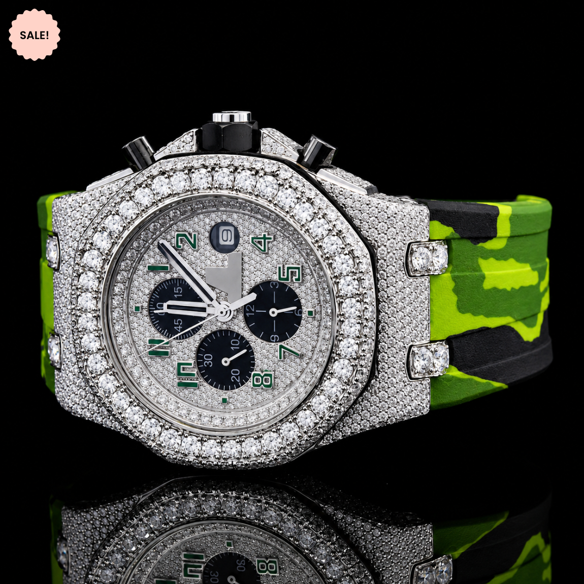 Chronograph Moissanite Iced Out Watch with Green Rubber Strap