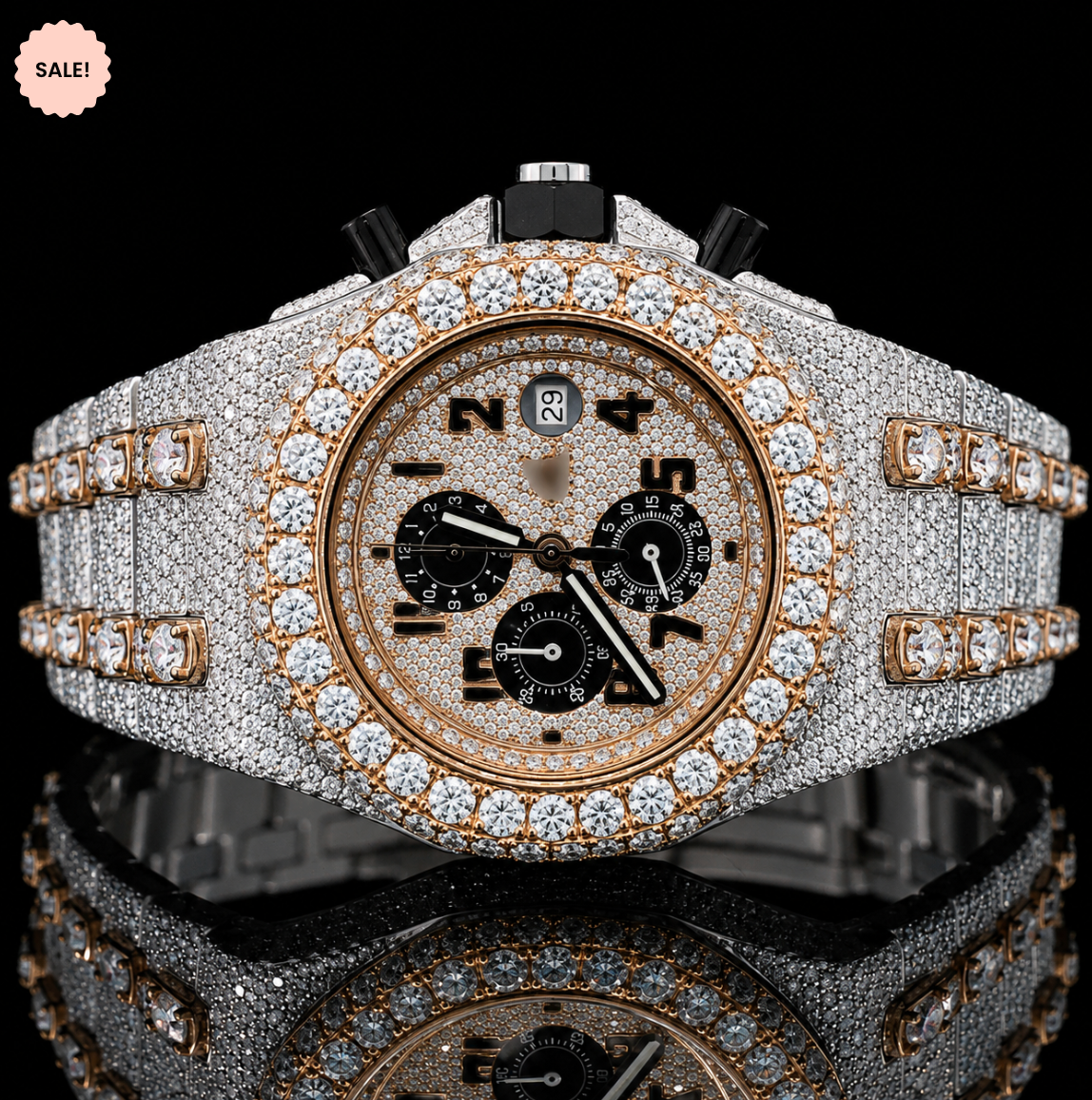 VVS Moissanite Bust Down Watch Black Chronograph Dial - Silver/Gold/Rose-Gold