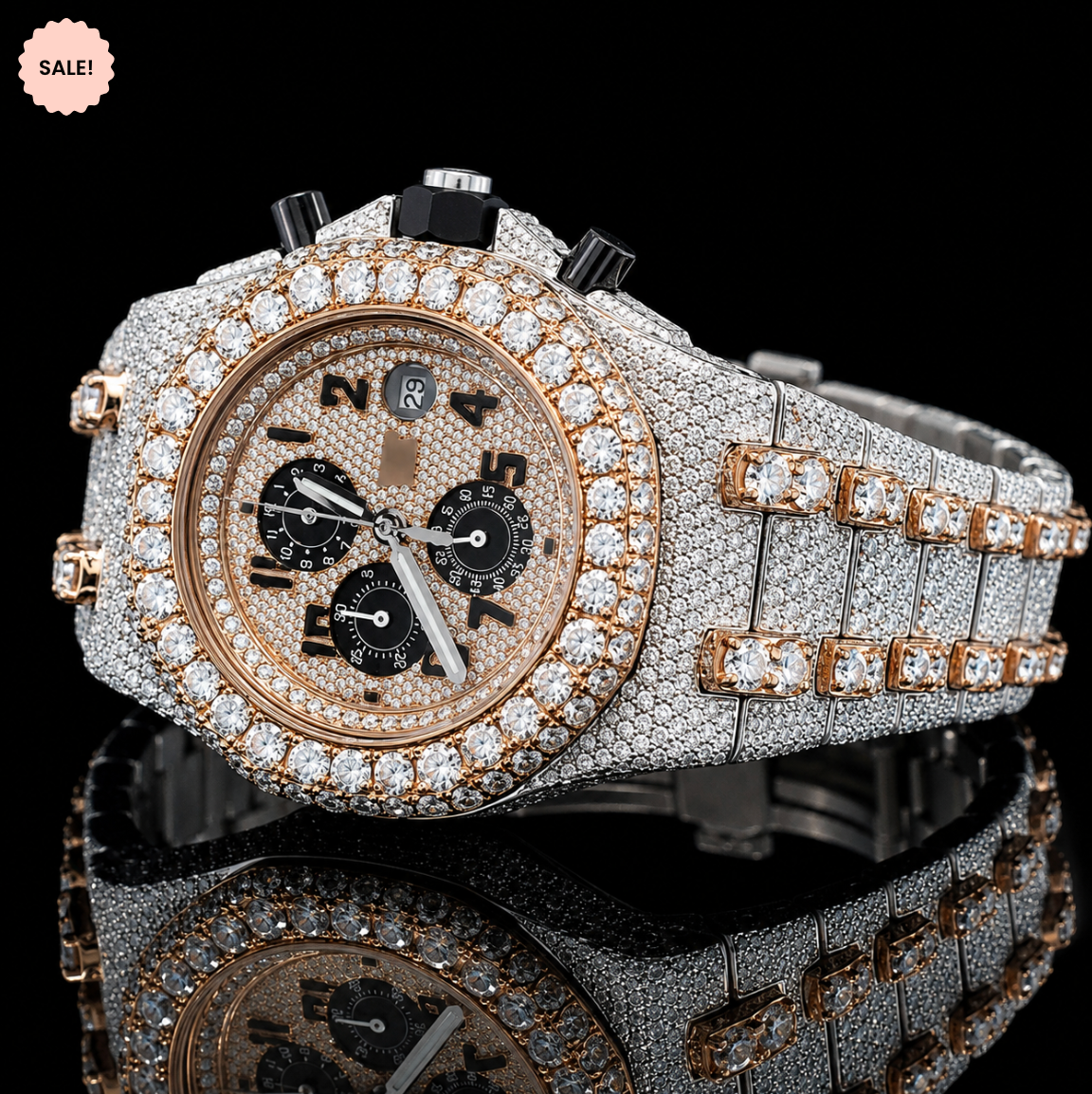 VVS Moissanite Bust Down Watch Black Chronograph Dial - Silver/Gold/Rose-Gold
