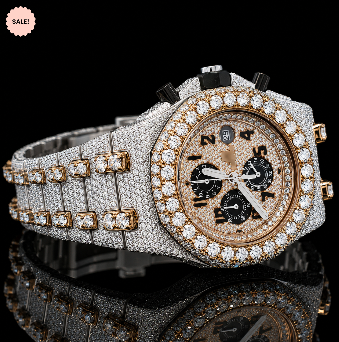 VVS Moissanite Bust Down Watch Black Chronograph Dial - Silver/Gold/Rose-Gold