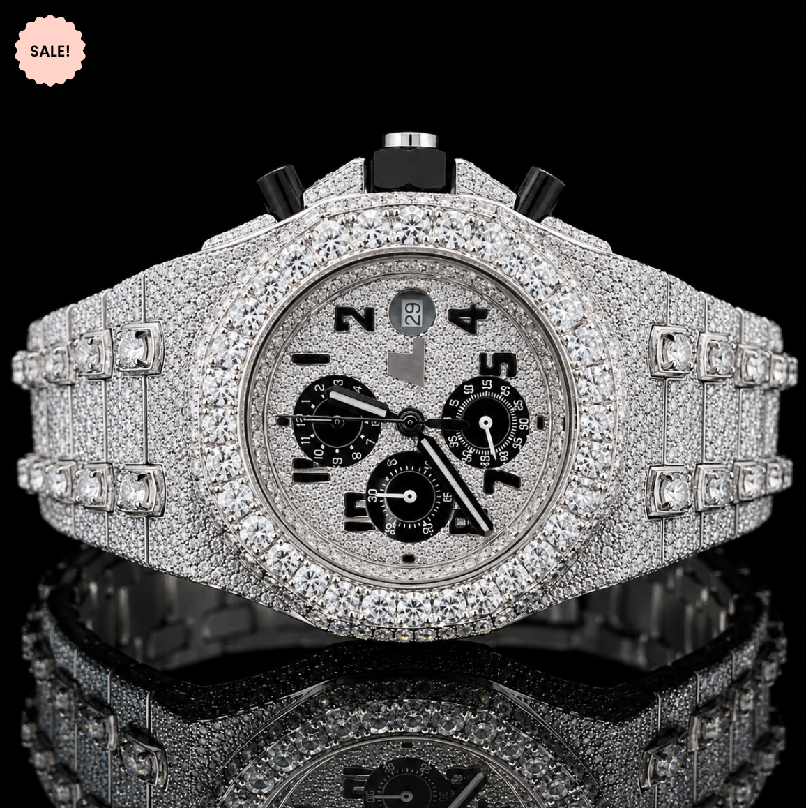 VVS Moissanite Bust Down Watch Black Chronograph Dial - Silver/Gold/Rose-Gold