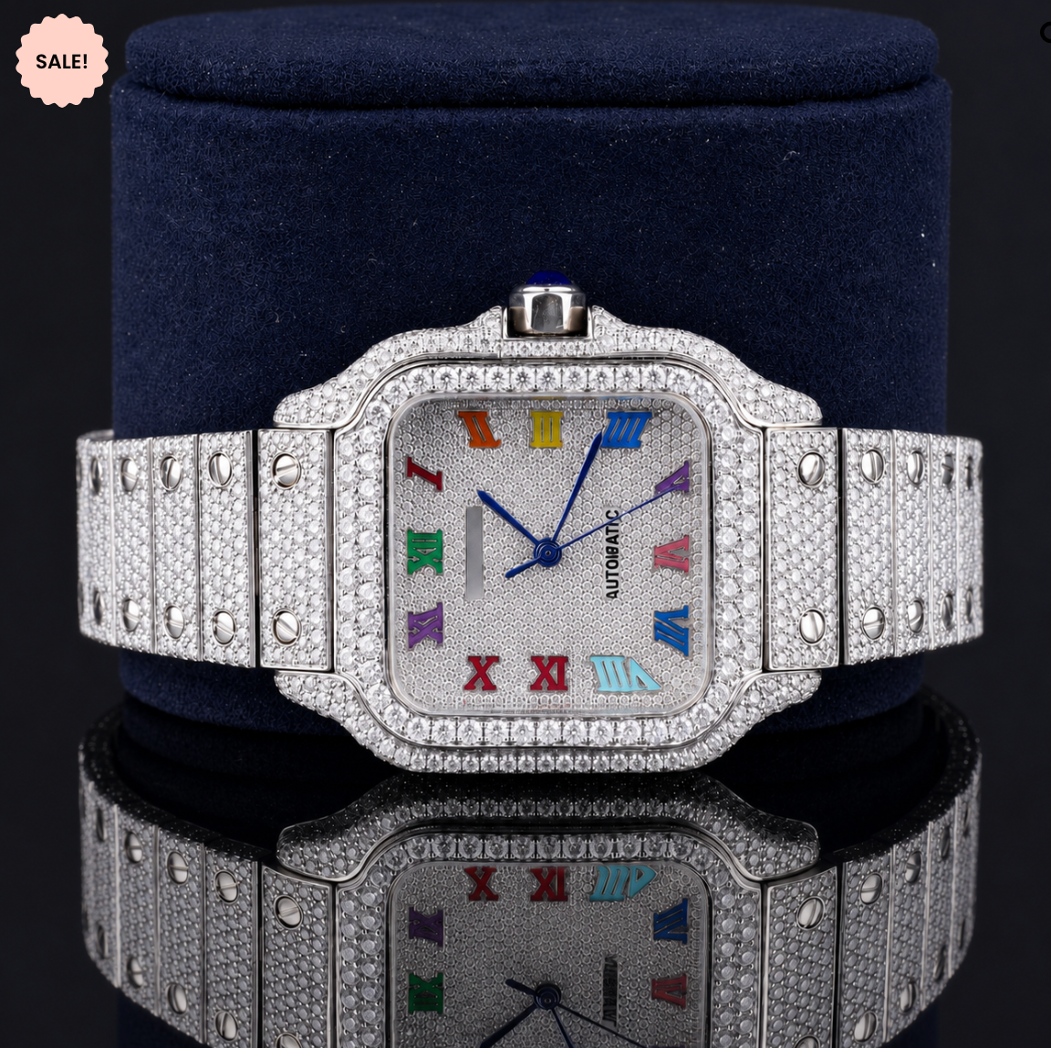 Fully Iced Moissanite Watch with Rainbow Roman Numerals