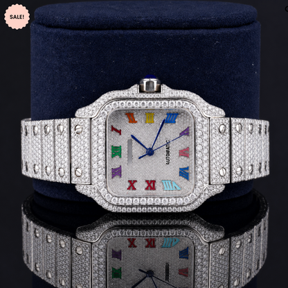 Fully Iced Moissanite Watch with Rainbow Roman Numerals