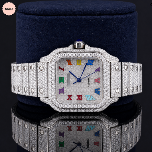 Fully Iced Moissanite Watch with Rainbow Roman Numerals