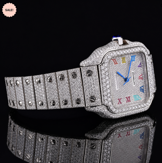 Fully Iced Moissanite Watch with Rainbow Roman Numerals