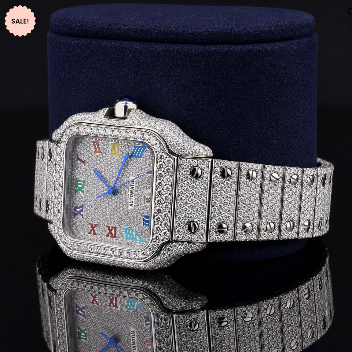 Fully Iced Moissanite Watch with Rainbow Roman Numerals