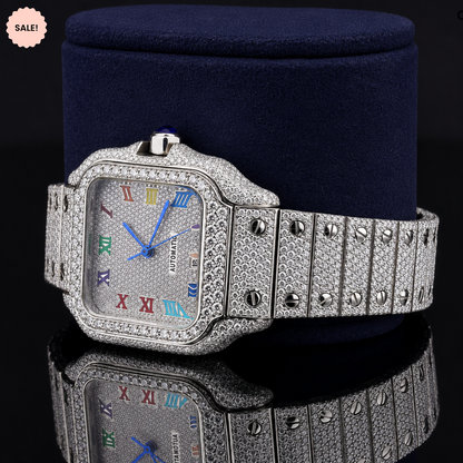 Fully Iced Moissanite Watch with Rainbow Roman Numerals