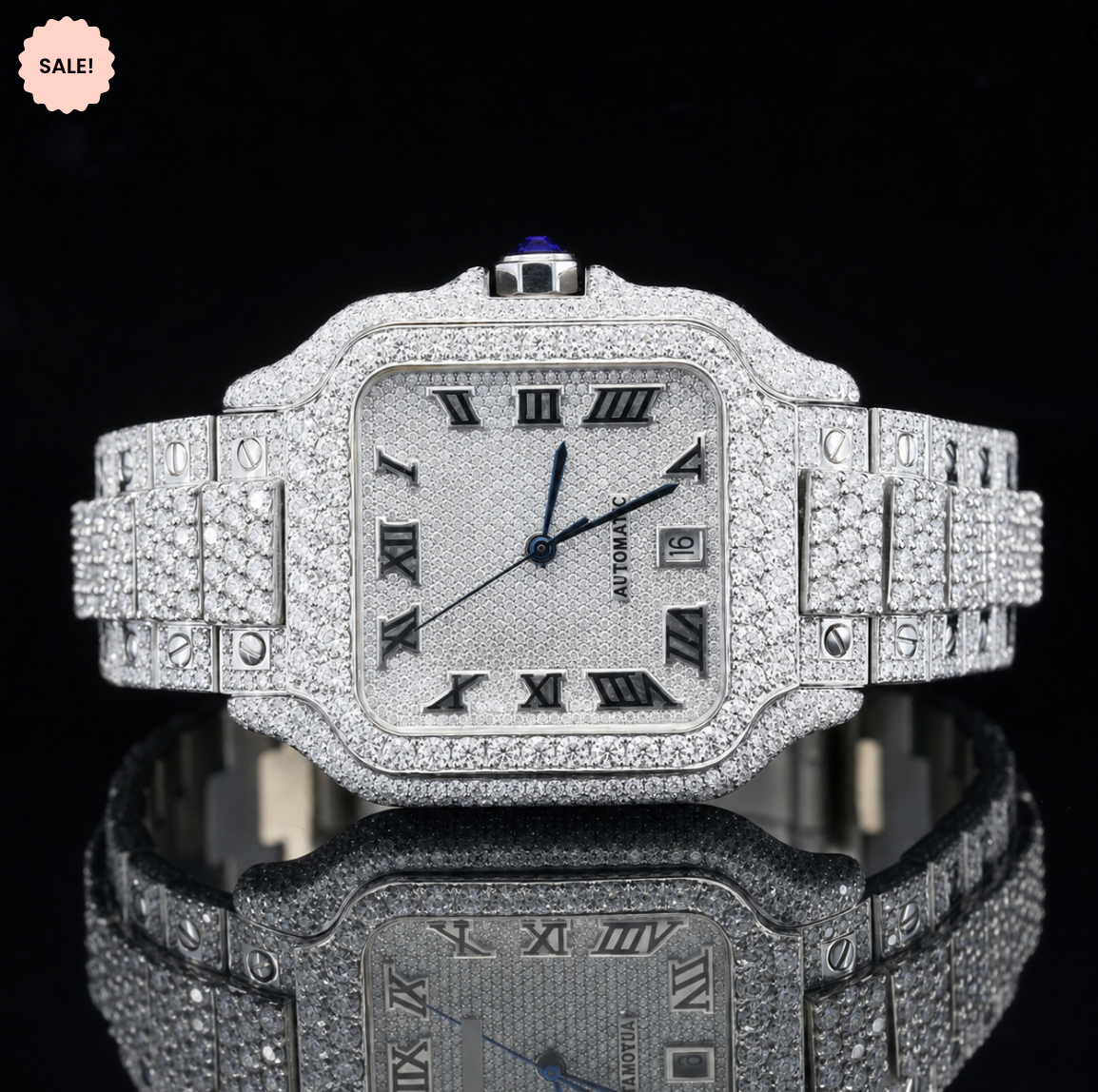 Iced Out Automatic Moissanite Watch with Black Roman Numerals