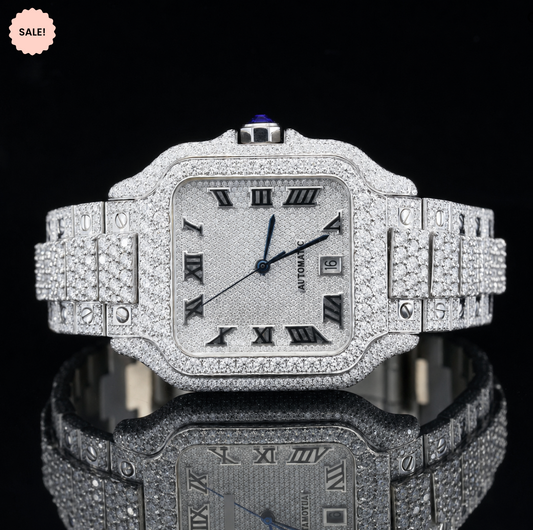 Iced Out Automatic Moissanite Watch with Black Roman Numerals