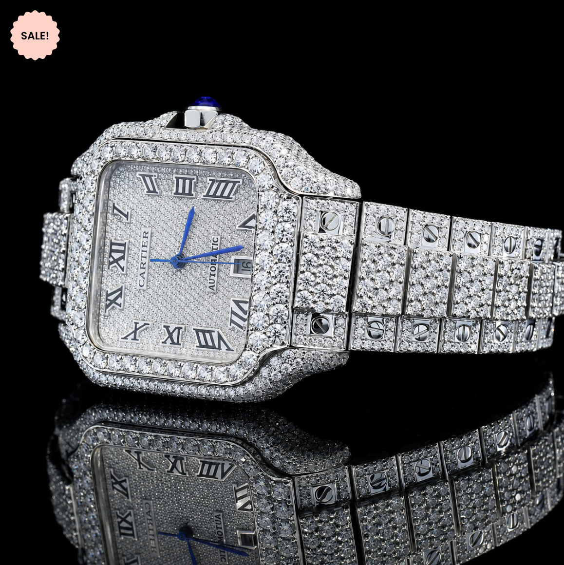 Iced Out Automatic Moissanite Watch with Black Roman Numerals
