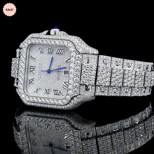 Iced Out Automatic Moissanite Watch with Black Roman Numerals