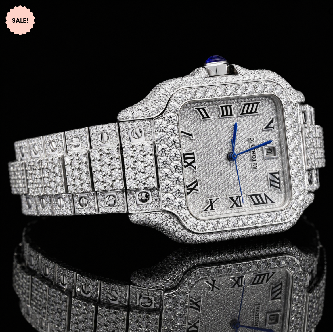 Iced Out Automatic Moissanite Watch with Black Roman Numerals