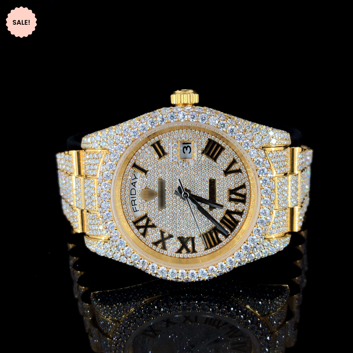 Iced Out Roman Dial Moissanite Watch – Yellow Gold Tone
