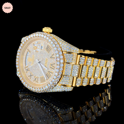 Iced Out Roman Dial Moissanite Watch – Yellow Gold Tone