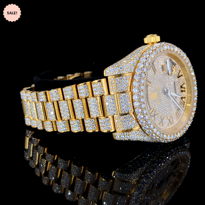 Iced Out Roman Dial Moissanite Watch – Yellow Gold Tone